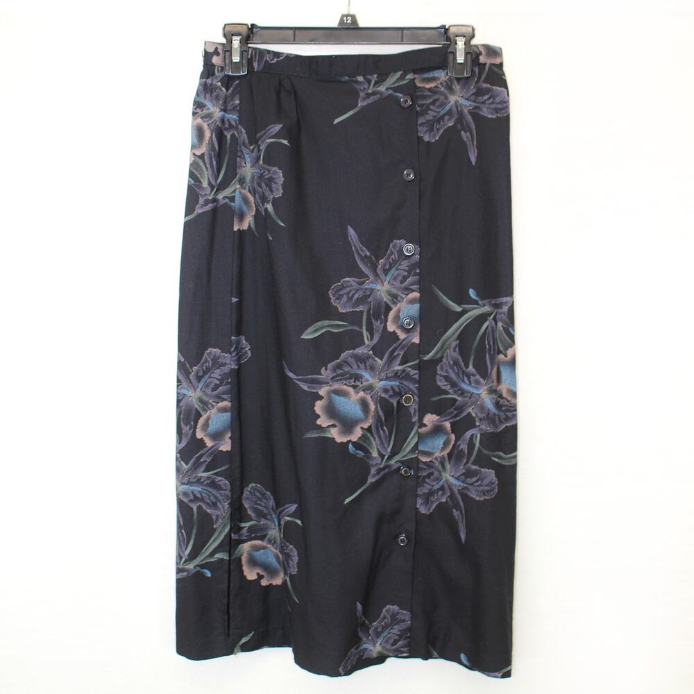 Latch On Vtg 70's Black A-Line Floral Print Long Skirt Button Size 6